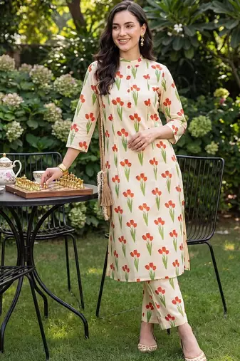 women floral printed regular cotton kurta with trousers
