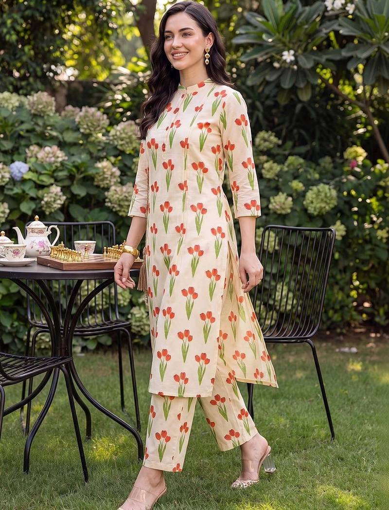 women floral printed regular cotton kurta with trousers