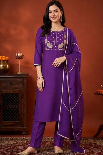women ethnic motifs embroidered regular thread work liva kurta with trousers & with dupatta