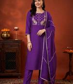 women ethnic motifs embroidered regular thread work liva kurta with trousers & with dupatta