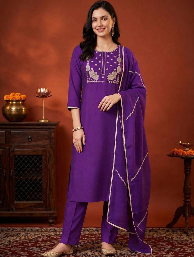 women ethnic motifs embroidered regular thread work liva kurta with trousers & with dupatta