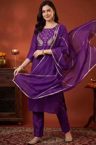 women ethnic motifs embroidered regular thread work liva kurta with trousers & with dupatta