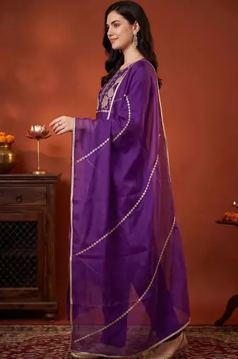 women ethnic motifs embroidered regular thread work liva kurta with trousers & with dupatta