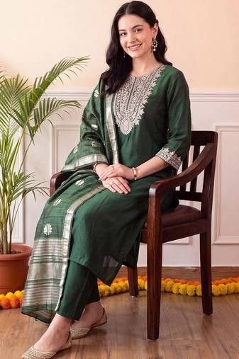 women ethnic motifs embroidered regular thread work liva kurta with trousers & with dupatta