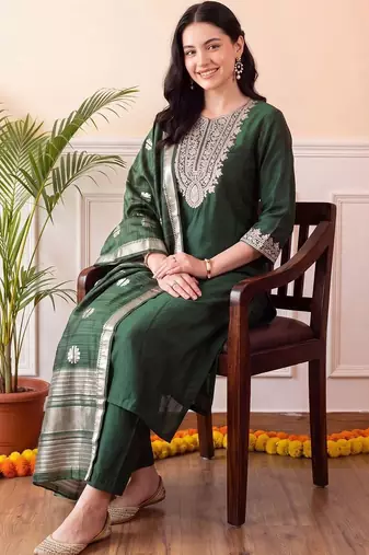 women ethnic motifs embroidered regular thread work liva kurta with trousers & with dupatta