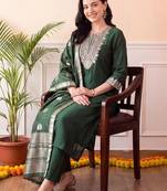 women ethnic motifs embroidered regular thread work liva kurta with trousers & with dupatta