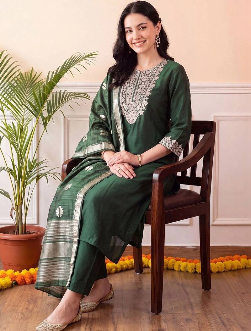 women ethnic motifs embroidered regular thread work liva kurta with trousers & with dupatta