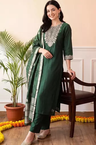 women ethnic motifs embroidered regular thread work liva kurta with trousers & with dupatta