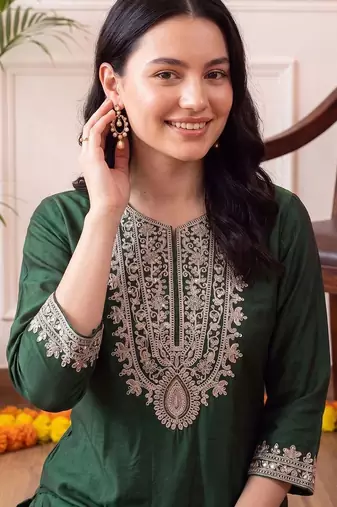 women ethnic motifs embroidered regular thread work liva kurta with trousers & with dupatta