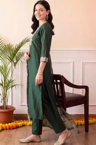 women ethnic motifs embroidered regular thread work liva kurta with trousers & with dupatta