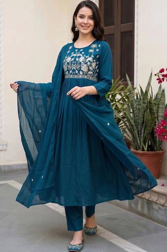women ethnic motifs embroidered empire thread work cotton kurta with trousers & with dupatta