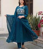 women ethnic motifs embroidered empire thread work cotton kurta with trousers & with dupatta