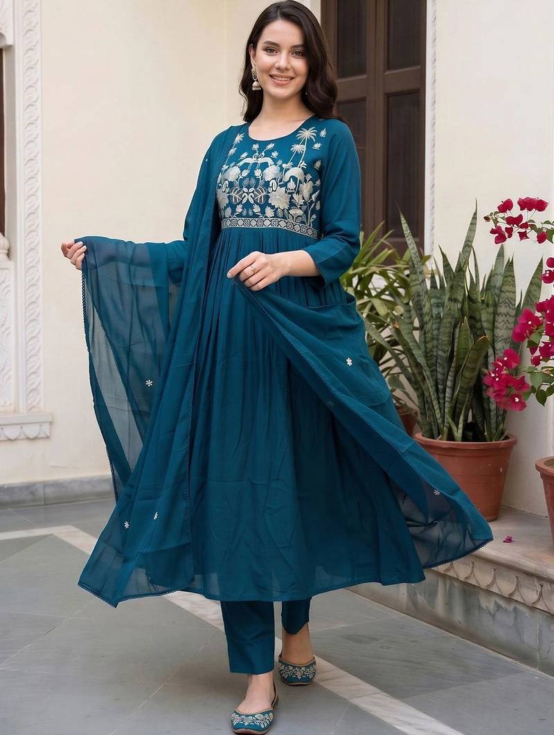 women ethnic motifs embroidered empire thread work cotton kurta with trousers & with dupatta