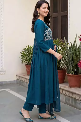 women ethnic motifs embroidered empire thread work cotton kurta with trousers & with dupatta