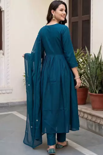 women ethnic motifs embroidered empire thread work cotton kurta with trousers & with dupatta