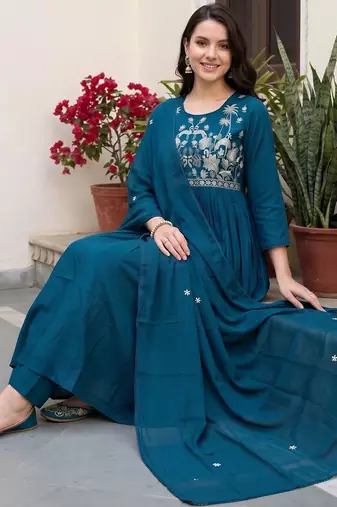 women ethnic motifs embroidered empire thread work cotton kurta with trousers & with dupatta