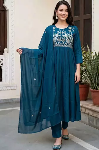 women ethnic motifs embroidered empire thread work cotton kurta with trousers & with dupatta