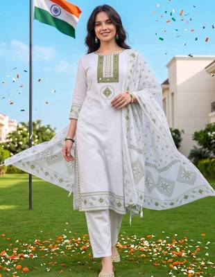 women ethnic motifs embroidered regular mirror work cotton kurta with trousers & with dupatta 1