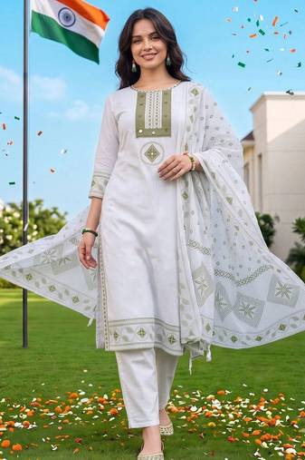 women ethnic motifs embroidered regular mirror work cotton kurta with trousers & with dupatta