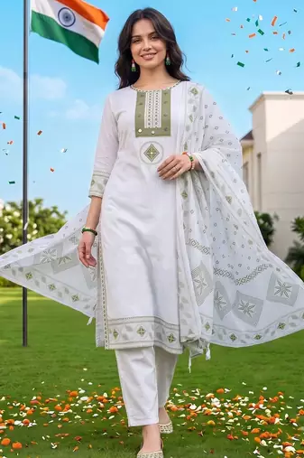 women ethnic motifs embroidered regular mirror work cotton kurta with trousers & with dupatta