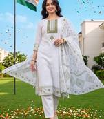 women ethnic motifs embroidered regular mirror work cotton kurta with trousers & with dupatta