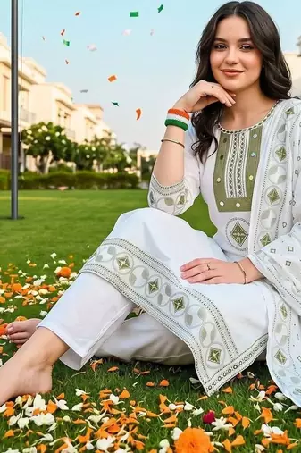 women ethnic motifs embroidered regular mirror work cotton kurta with trousers & with dupatta