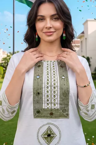 women ethnic motifs embroidered regular mirror work cotton kurta with trousers & with dupatta