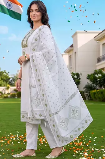 women ethnic motifs embroidered regular mirror work cotton kurta with trousers & with dupatta