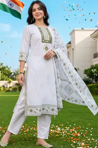 women ethnic motifs embroidered regular mirror work cotton kurta with trousers & with dupatta