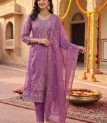 women ethnic motifs embroidered regular thread work kurta with trousers & with dupatta