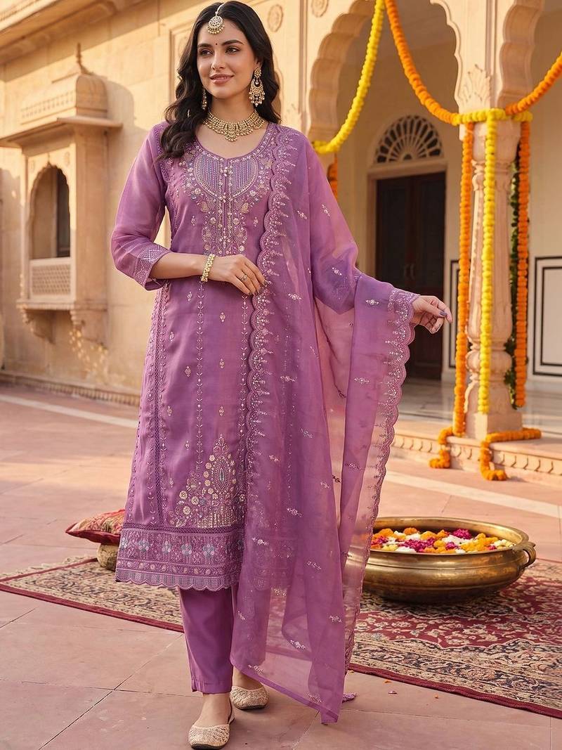 women ethnic motifs embroidered regular thread work kurta with trousers & with dupatta