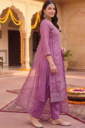 women ethnic motifs embroidered regular thread work kurta with trousers & with dupatta