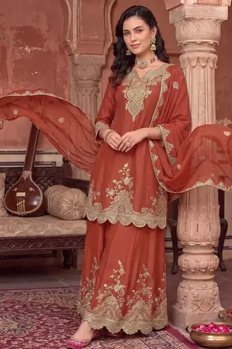 women ethnic motifs embroidered regular kurta with sharara & with dupatta