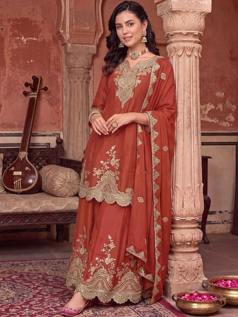 women ethnic motifs embroidered regular kurta with sharara & with dupatta