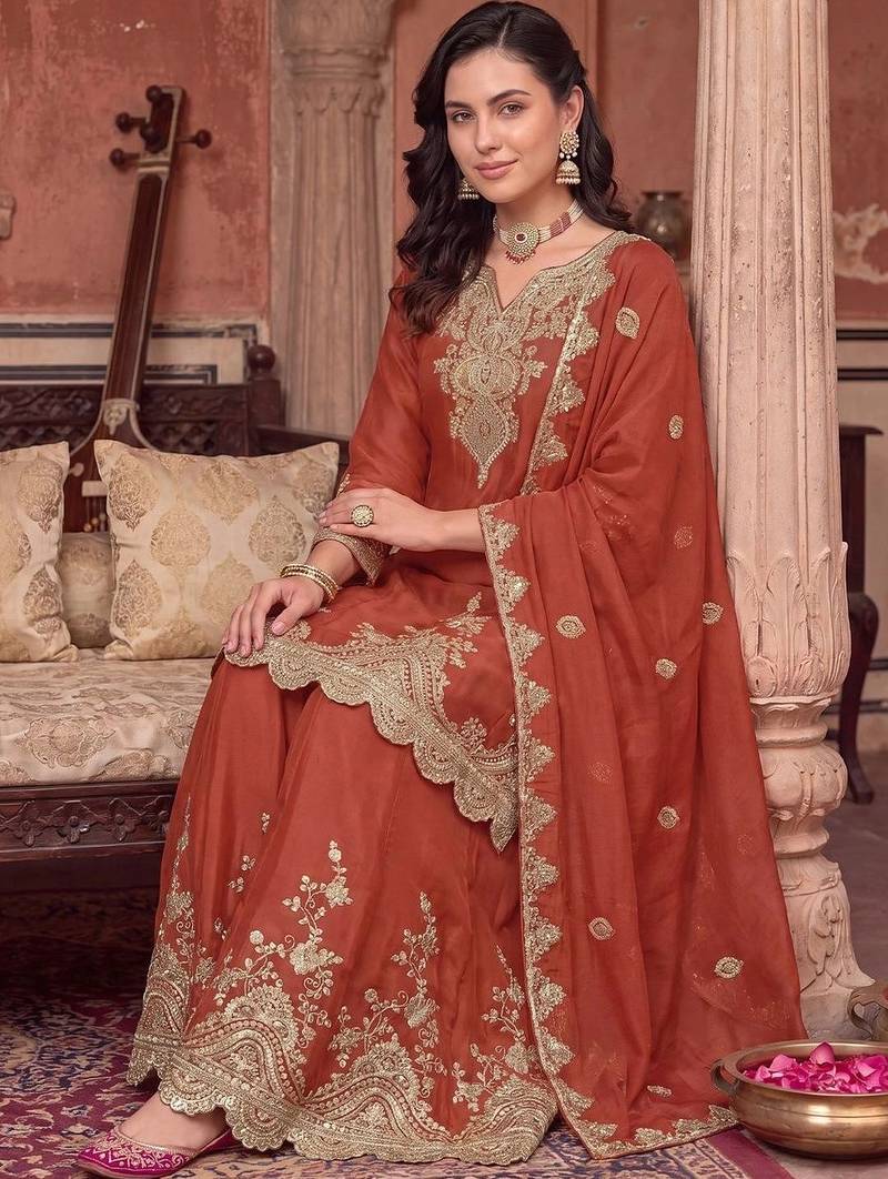 women ethnic motifs embroidered regular kurta with sharara & with dupatta