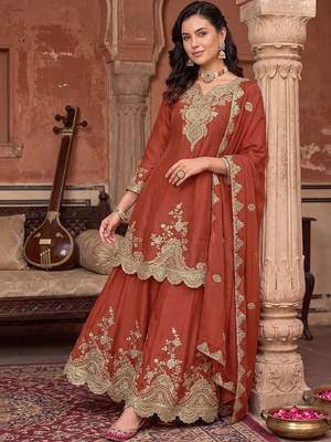 women ethnic motifs embroidered regular kurta with sharara & with dupatta 6