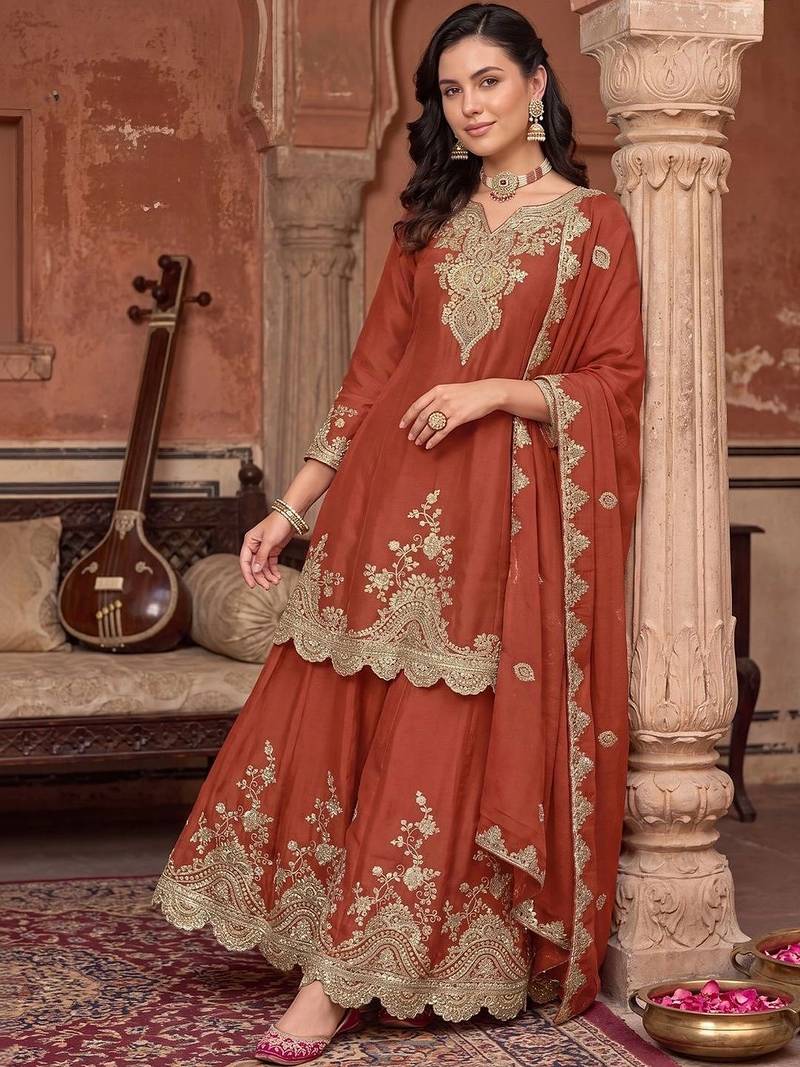 women ethnic motifs embroidered regular kurta with sharara & with dupatta