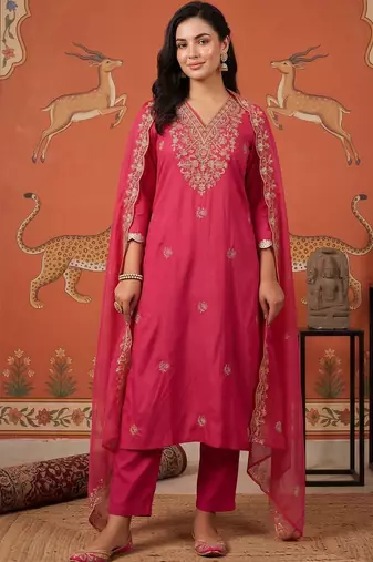 women ethnic motifs embroidered regular thread work kurta with trousers & with dupatta