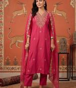 women ethnic motifs embroidered regular thread work kurta with trousers & with dupatta