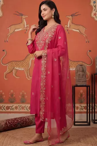 women ethnic motifs embroidered regular thread work kurta with trousers & with dupatta