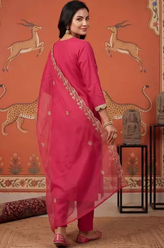 women ethnic motifs embroidered regular thread work kurta with trousers & with dupatta