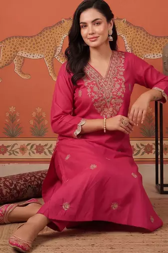 women ethnic motifs embroidered regular thread work kurta with trousers & with dupatta