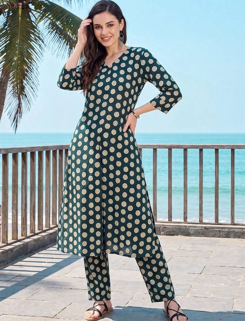 women printed regular cotton kurta with trousers