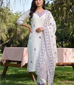 women ethnic motifs embroidered regular thread work cotton kurta with trousers & with dupatta