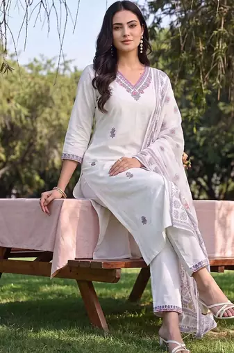 women ethnic motifs embroidered regular thread work cotton kurta with trousers & with dupatta