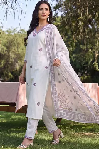 women ethnic motifs embroidered regular thread work cotton kurta with trousers & with dupatta