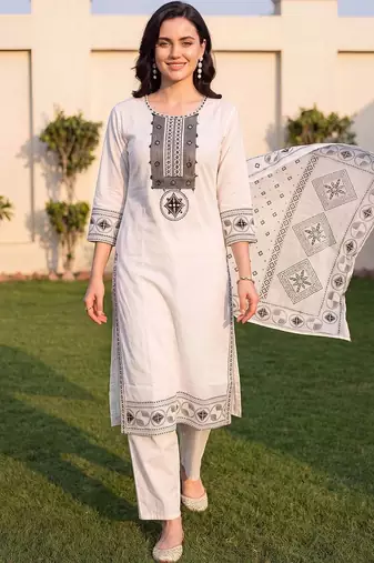 women ethnic motifs embroidered regular mirror work cotton kurta with trousers & with dupatta