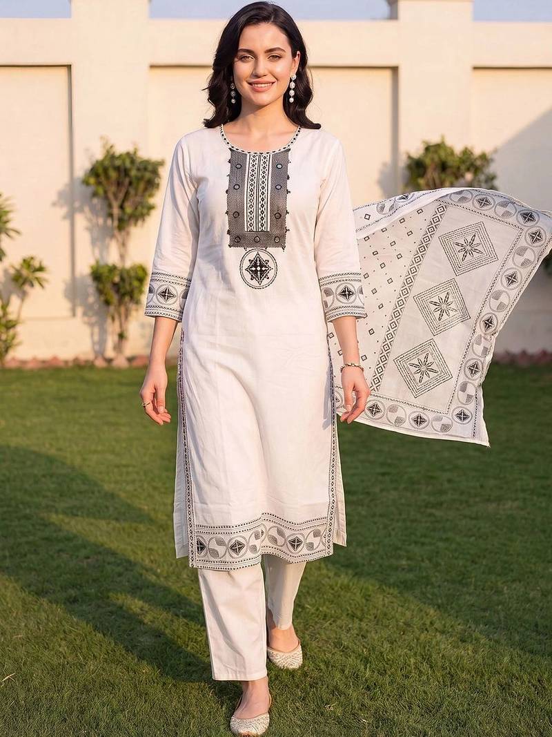 women ethnic motifs embroidered regular mirror work cotton kurta with trousers & with dupatta