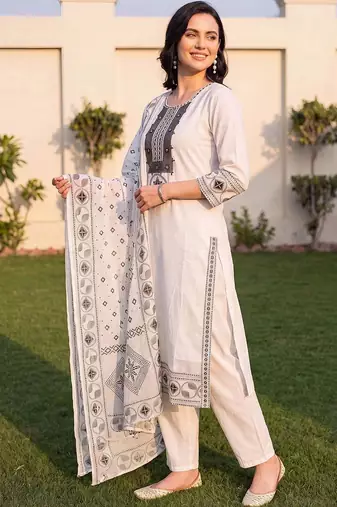 women ethnic motifs embroidered regular mirror work cotton kurta with trousers & with dupatta