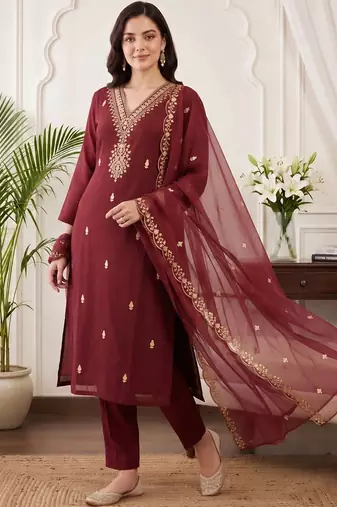 women ethnic motifs embroidered regular thread work kurta with trousers & with dupatta